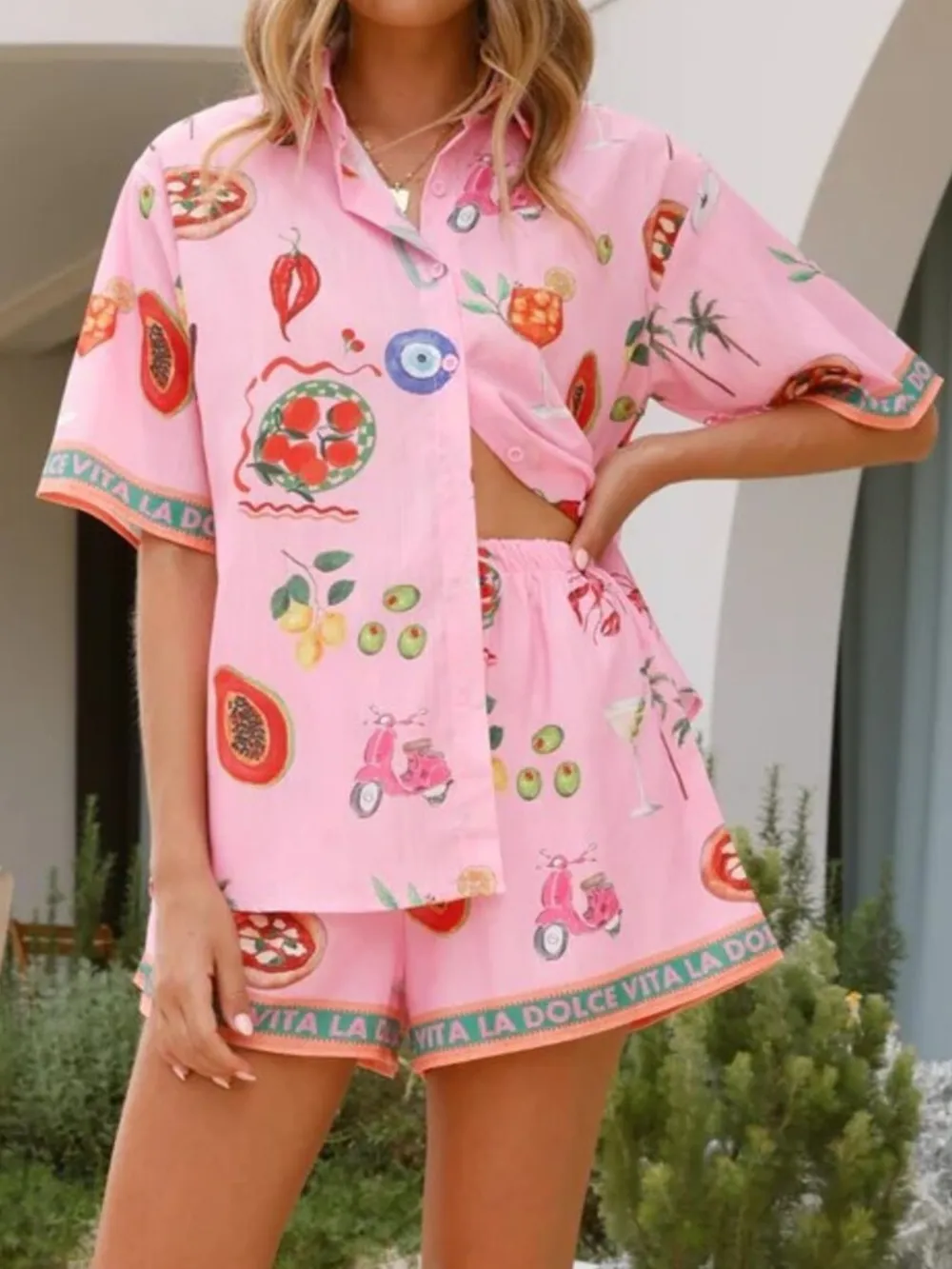 Printed Button Up Shirt and Shorts Set, image 2