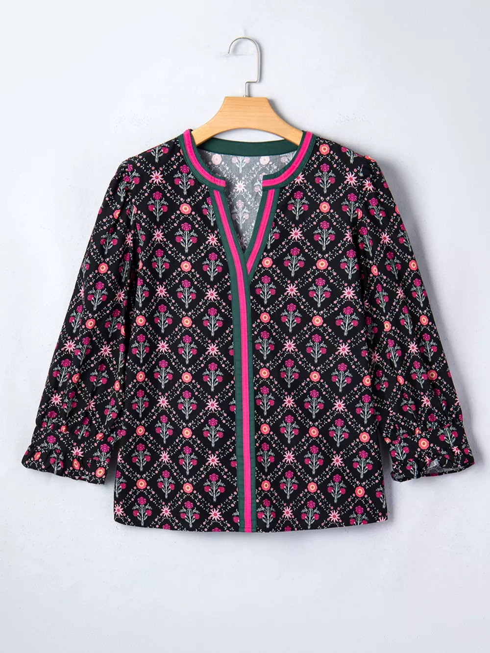 Contrast V Neckline Bracelet Sleeve Vintage Floral Blouse, image 3