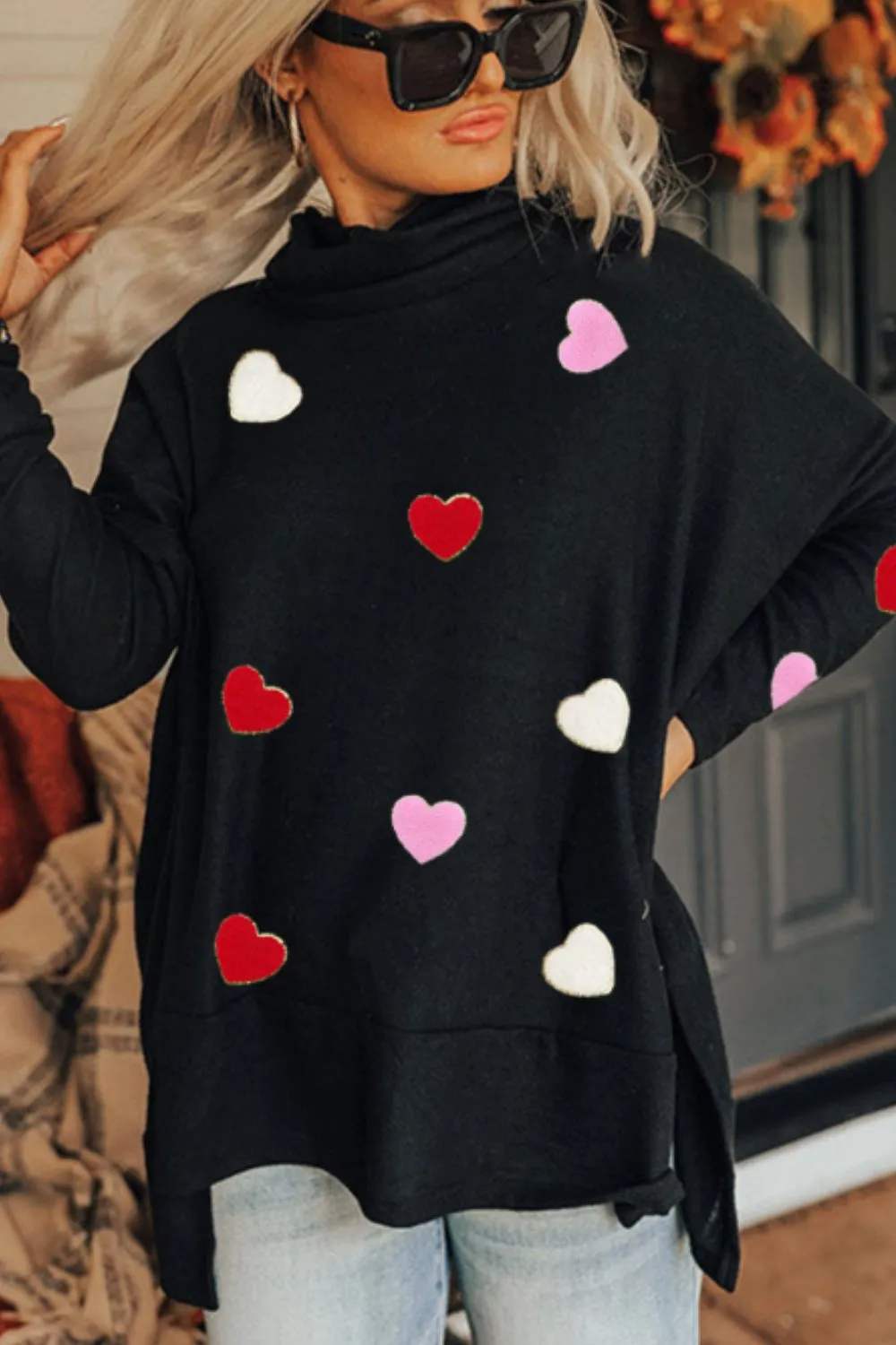 Valentine’s Day Heart Patched Turtleneck Long Sleeve Top, image 6