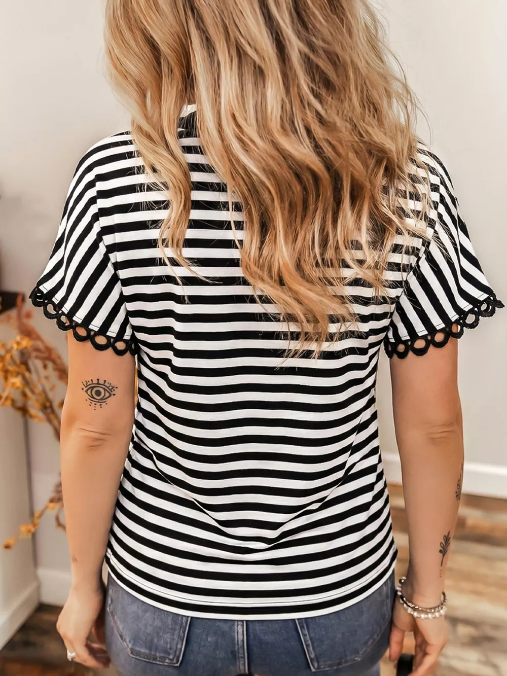 Striped V-Neck Scalloped Short Sleeve T-Shirt, image 8