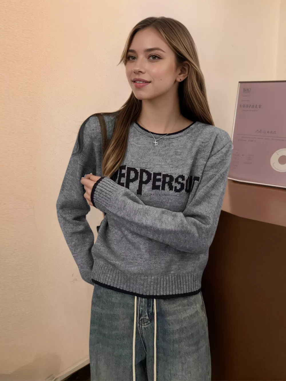 Letter Contrast Trim Round Neck Sweater, image 9