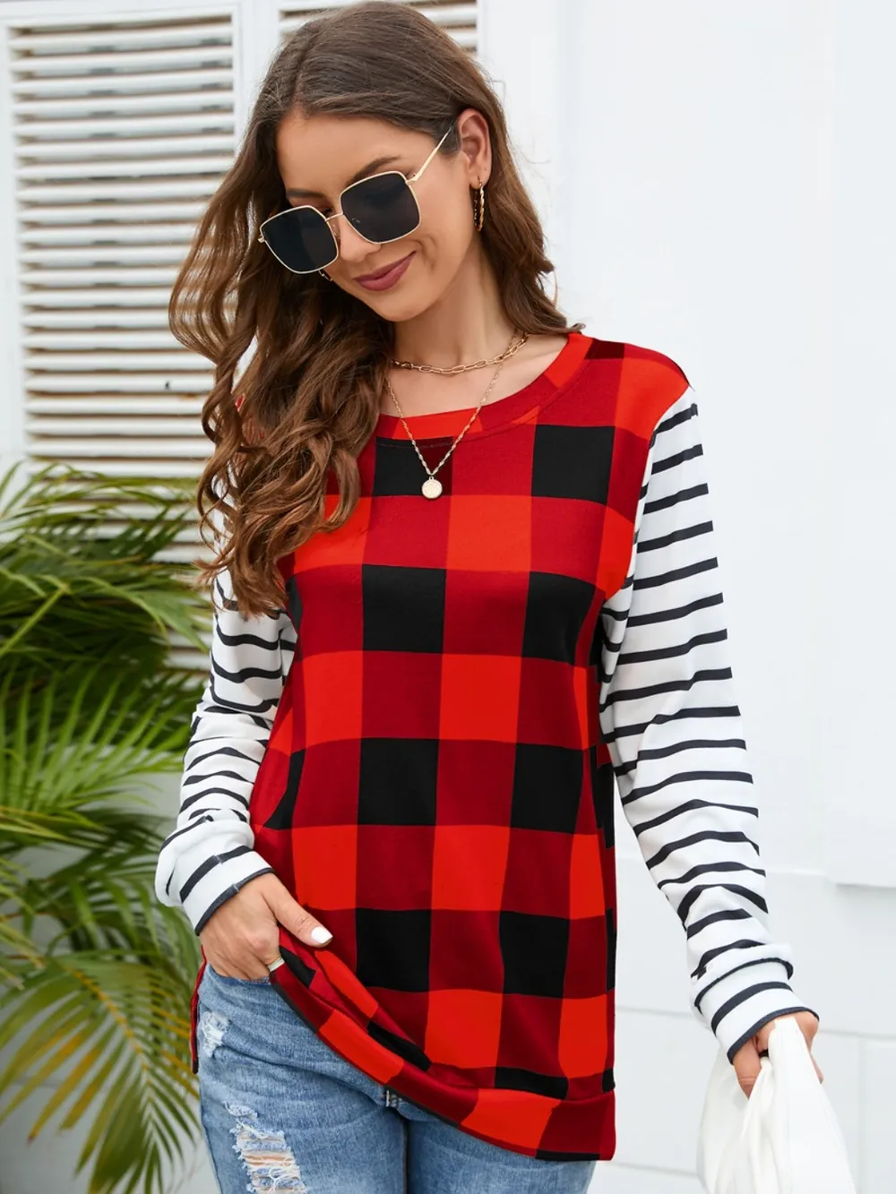 Plaid Striped Round Neck Long Sleeve T-Shirt, image 4
