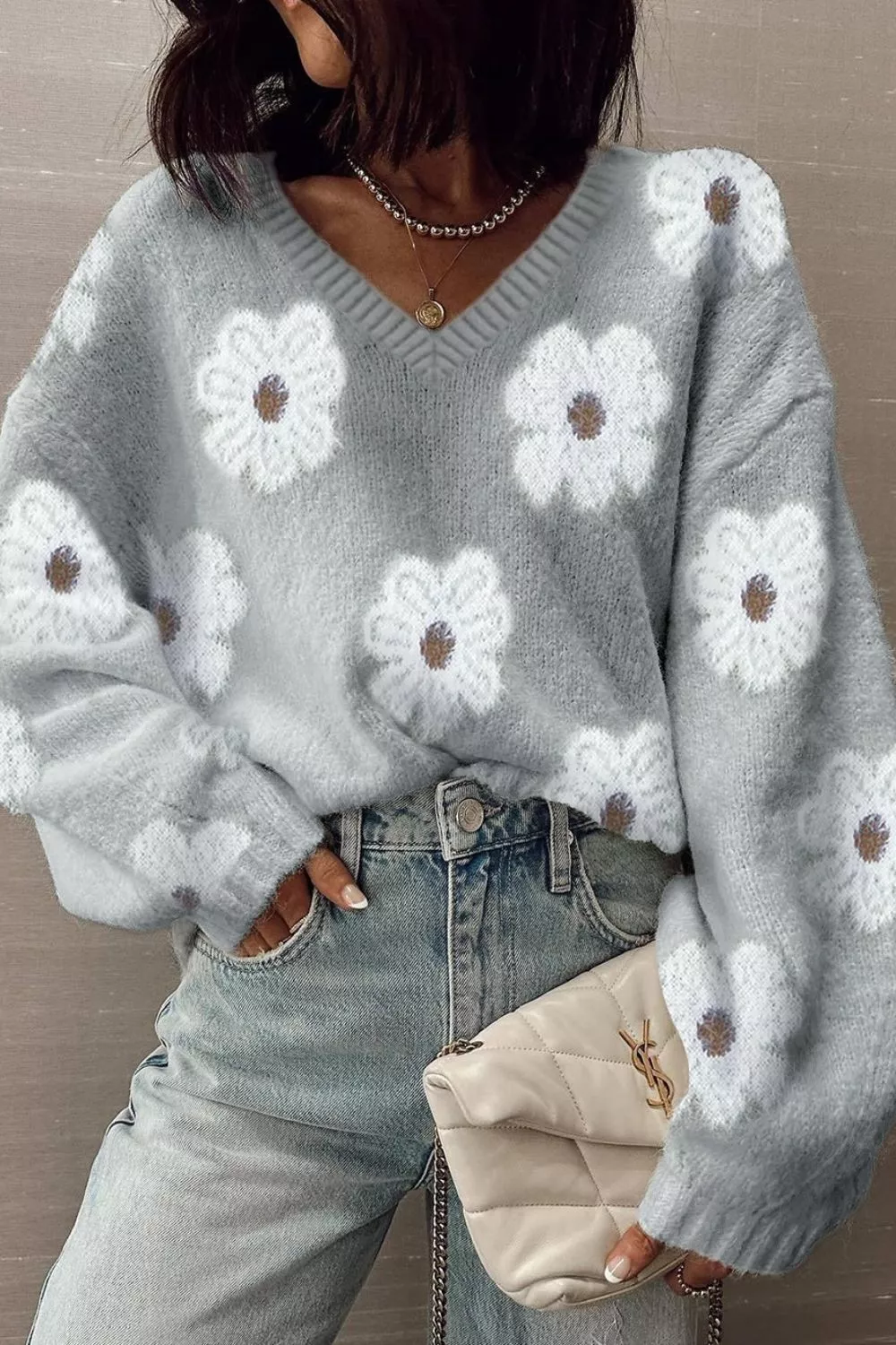 Floral Fuzzy Knit V-Neck Sweater, image 3
