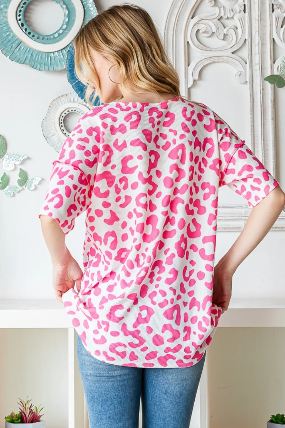 Full Size Leopard Exposed Seam Short Sleeve Top, image 2