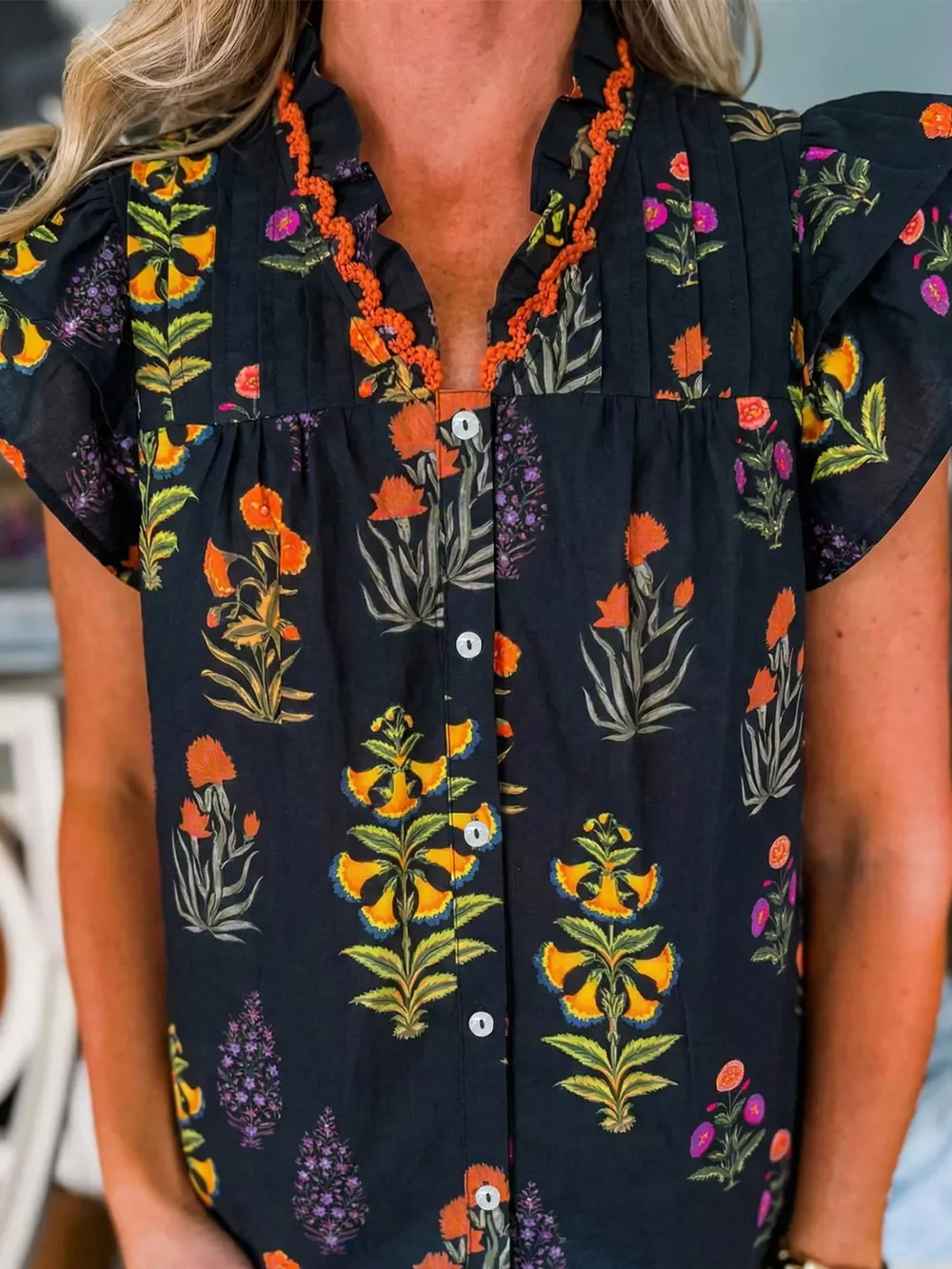 Floral Print Lace Trim Frilled V Neck Short Sleeve Shirt, image 9