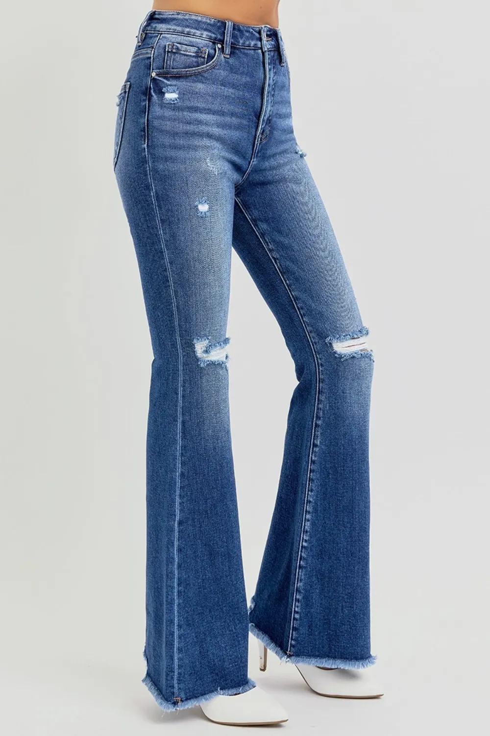 Full Size High Rise Distressed Raw Hem Flare Jeans, image 6