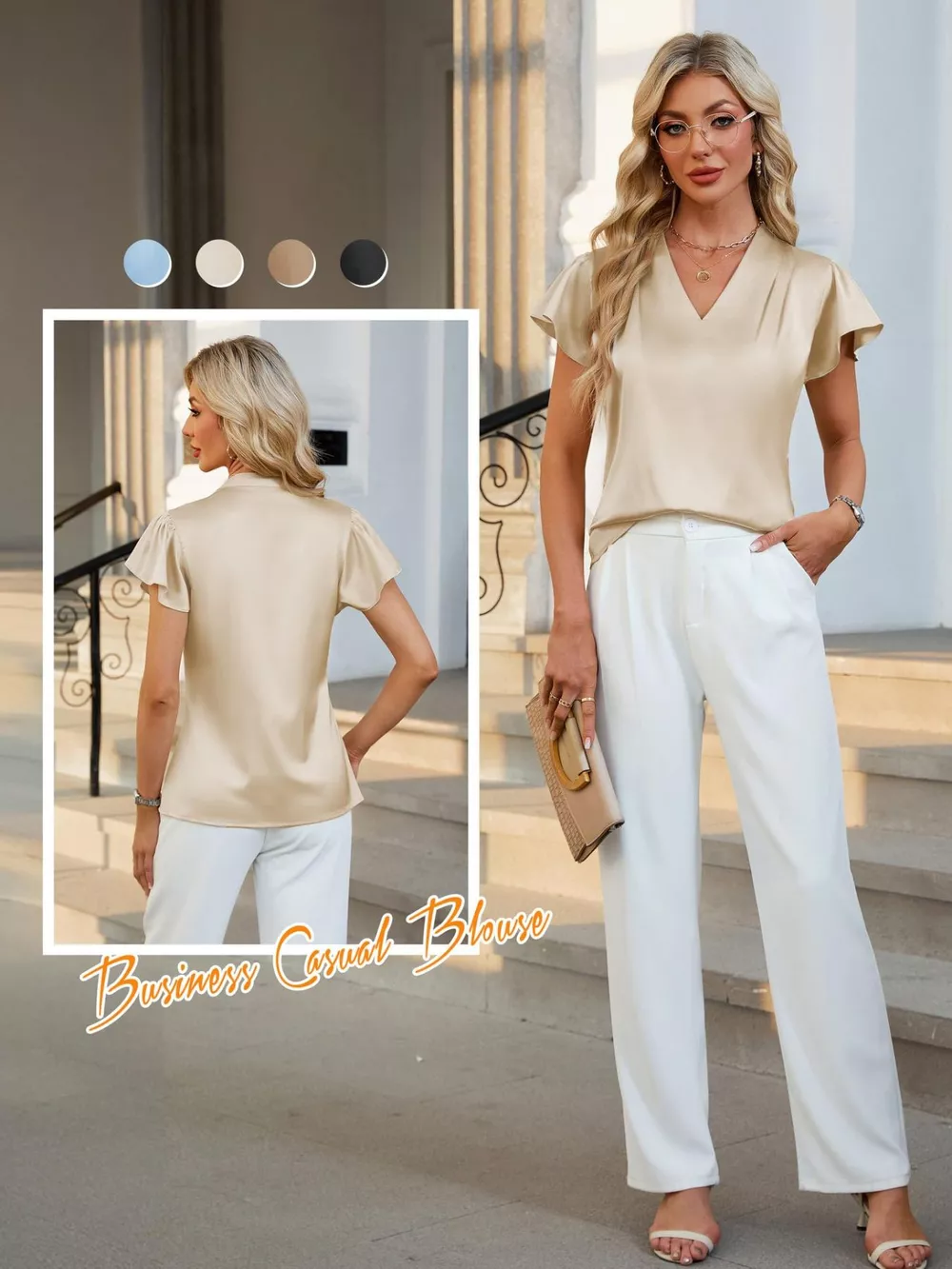 Satin V-Neck Flutter Sleeve Blouse, image 3