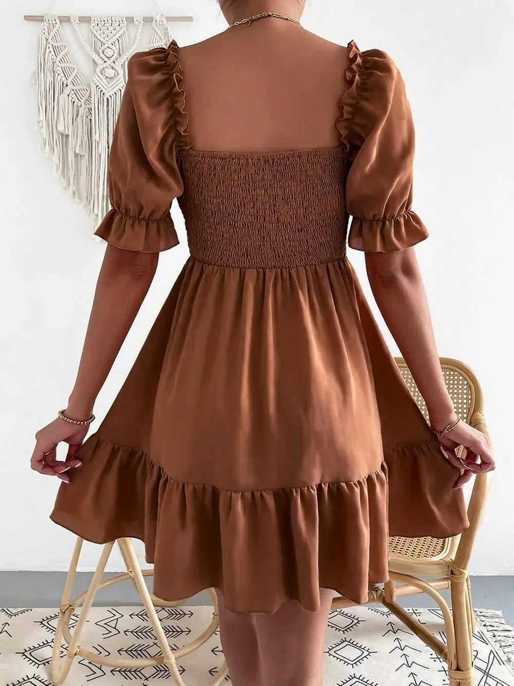Smocked Square Neck Short Sleeve Dress, image 15