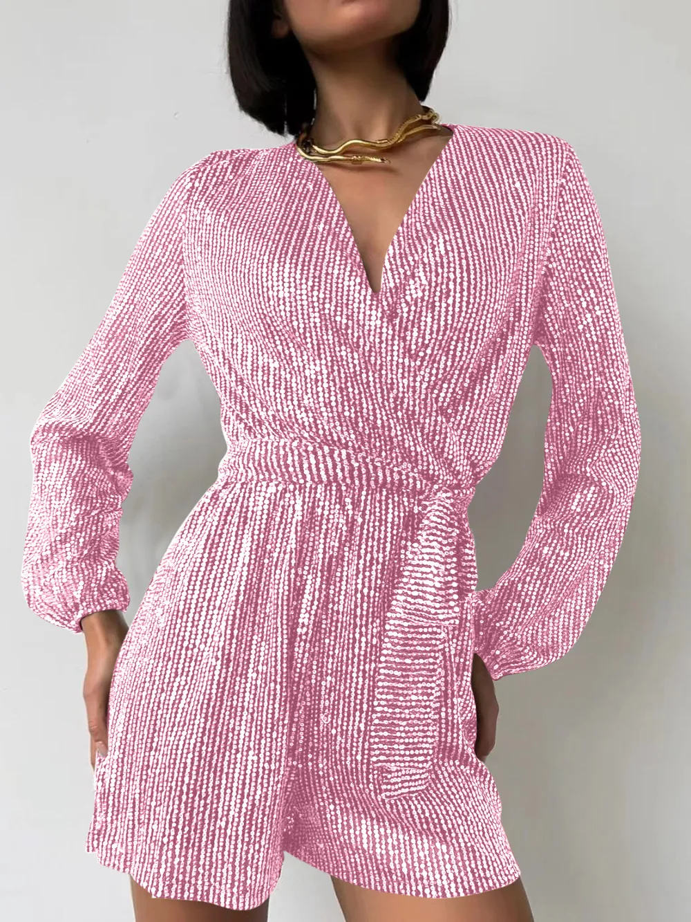 Full Size Sequin Surplice Tie Waist Long Sleeve Romper, image 24