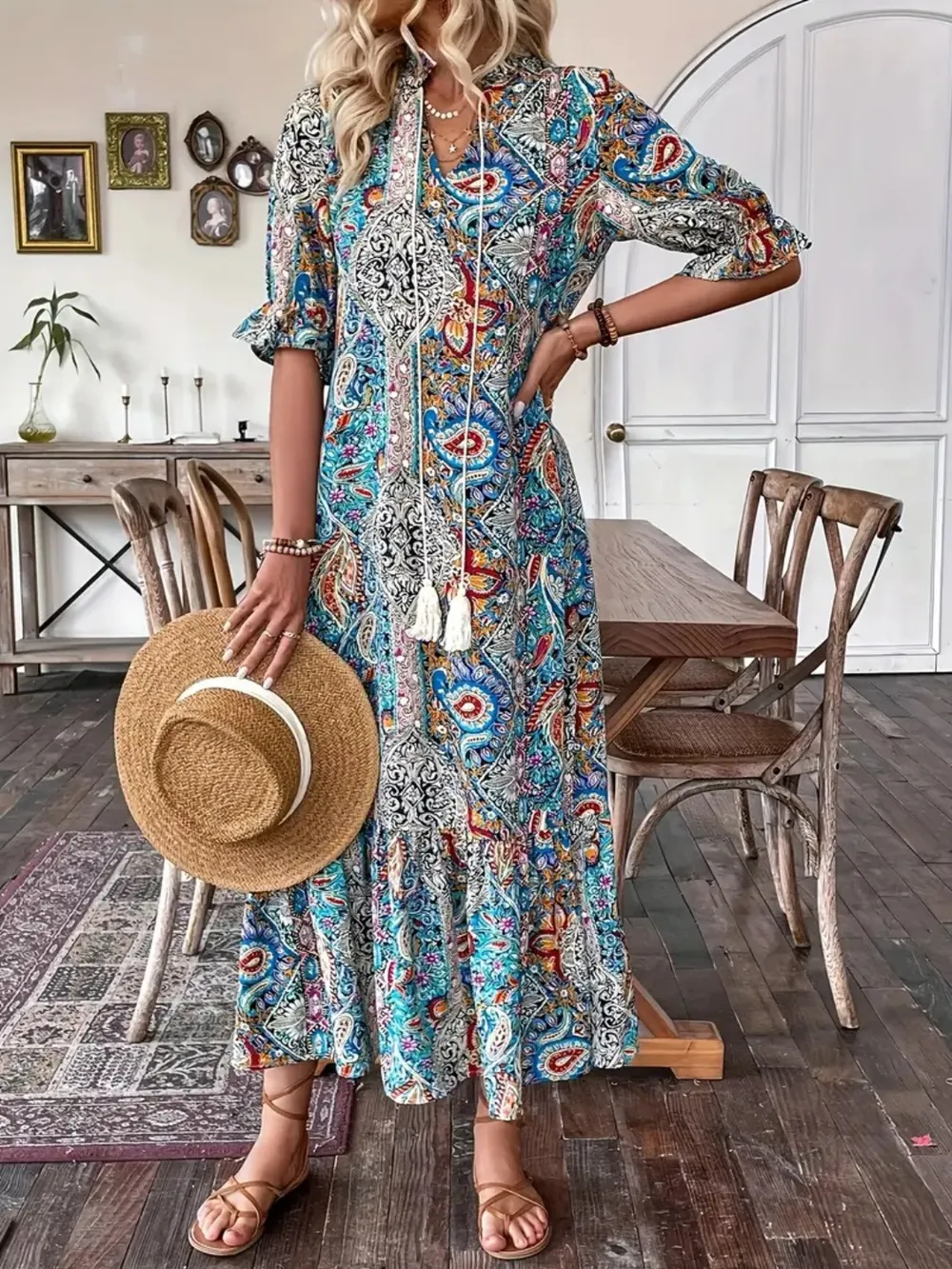 Printed Tie Neck Flounce Sleeve Midi Dress, image 13