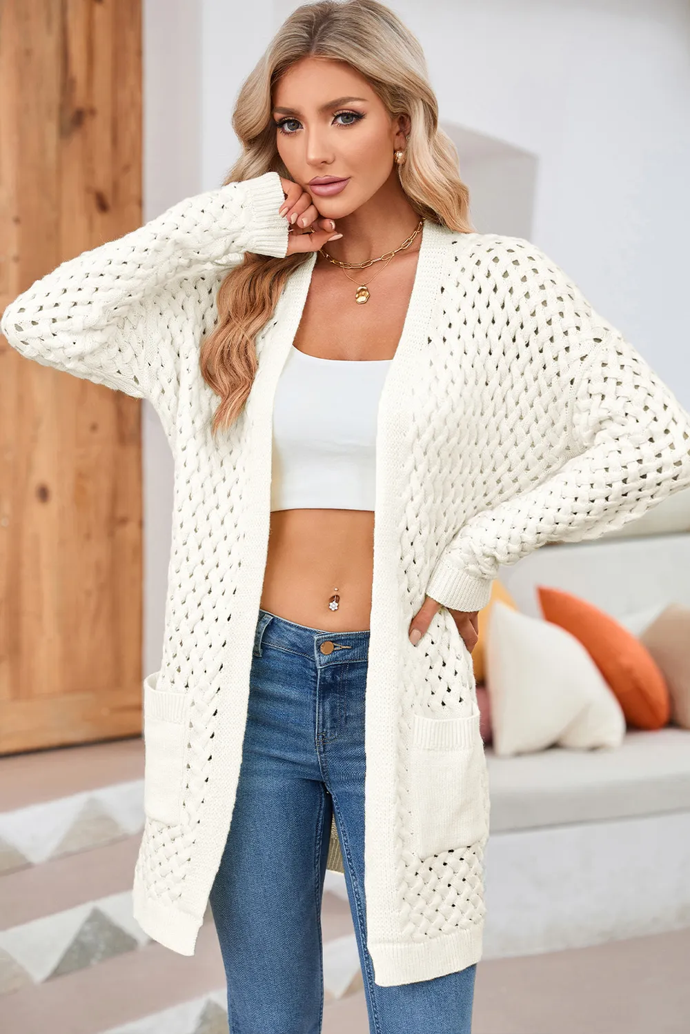 Open Front Dropped Shoulder Cardigan with Pockets, image 8