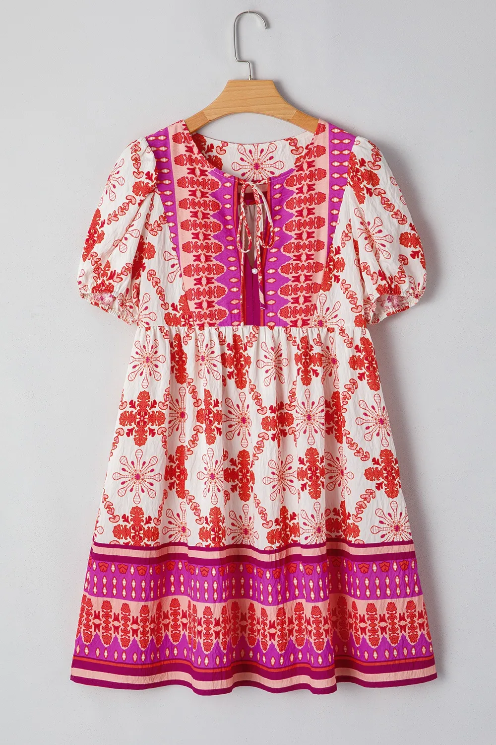 Boho Floral Short Sleeve Tie Neck Mini Dress, image 13