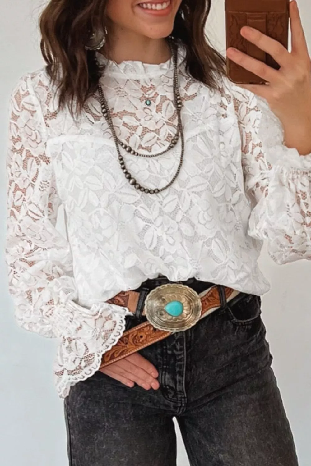 Ruffled Round Neck Long Flounce Sleeve Sheer Lace Blouse, image 4
