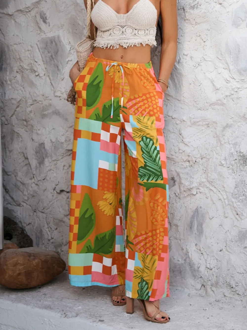 Drawstring Printed Wide Leg Pants, image 4