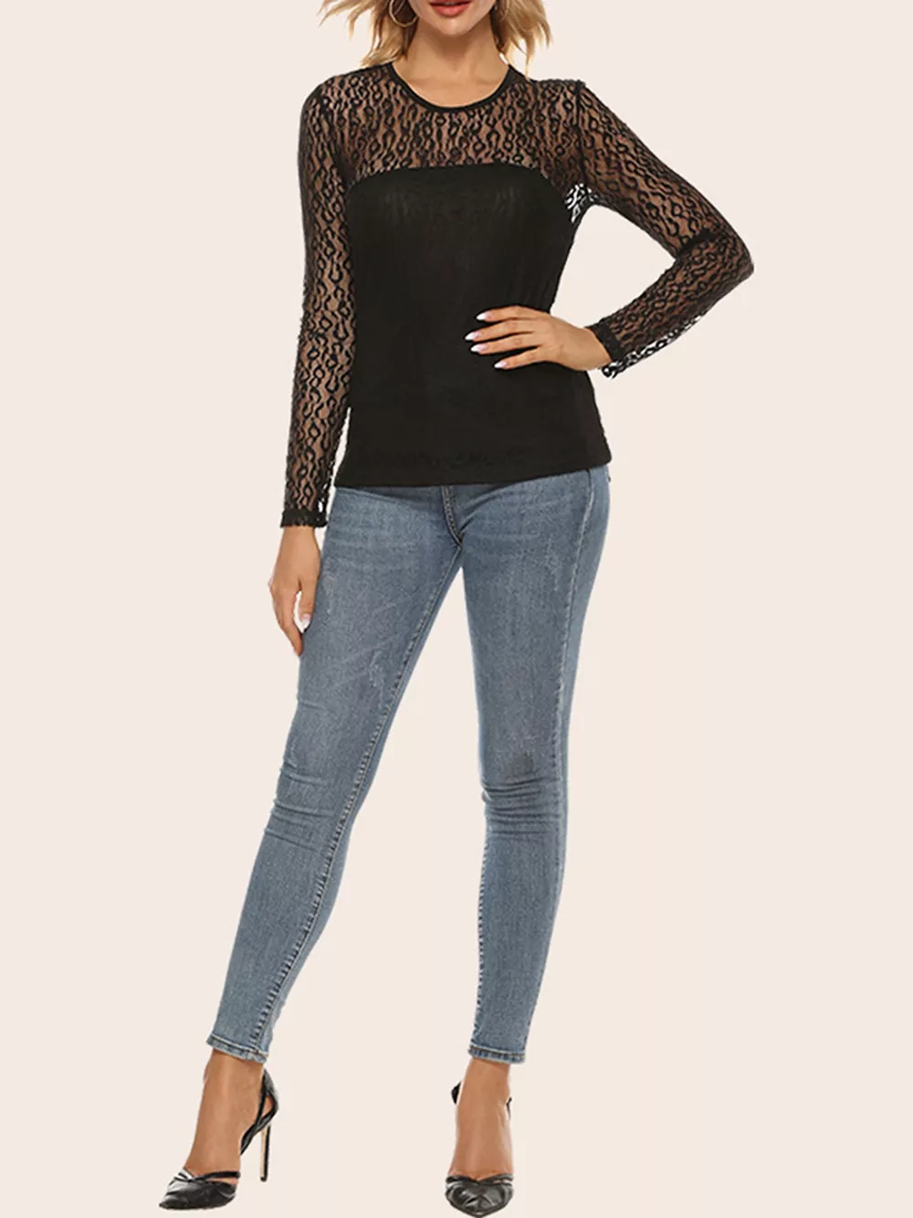 Sheer Leopard Lace Long Sleeve T-Shirt, image 5