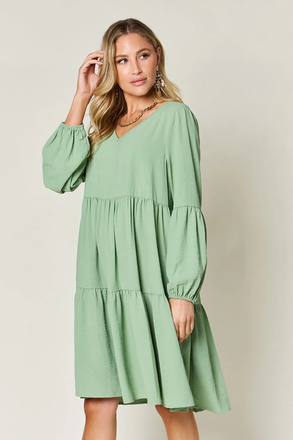 Full Size V-Neck Balloon Sleeve Tiered Dress with Pockets, image 30