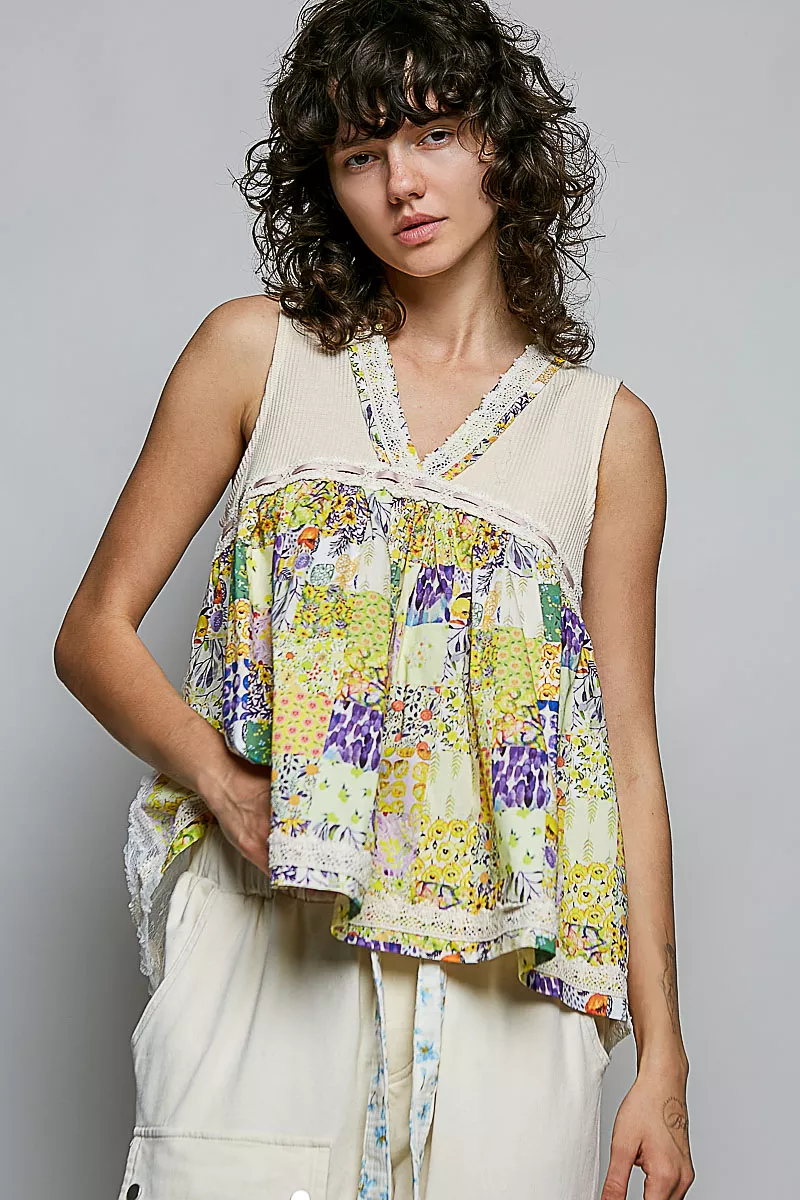 Floral V-Neck Sheer Tank with Lace Trim