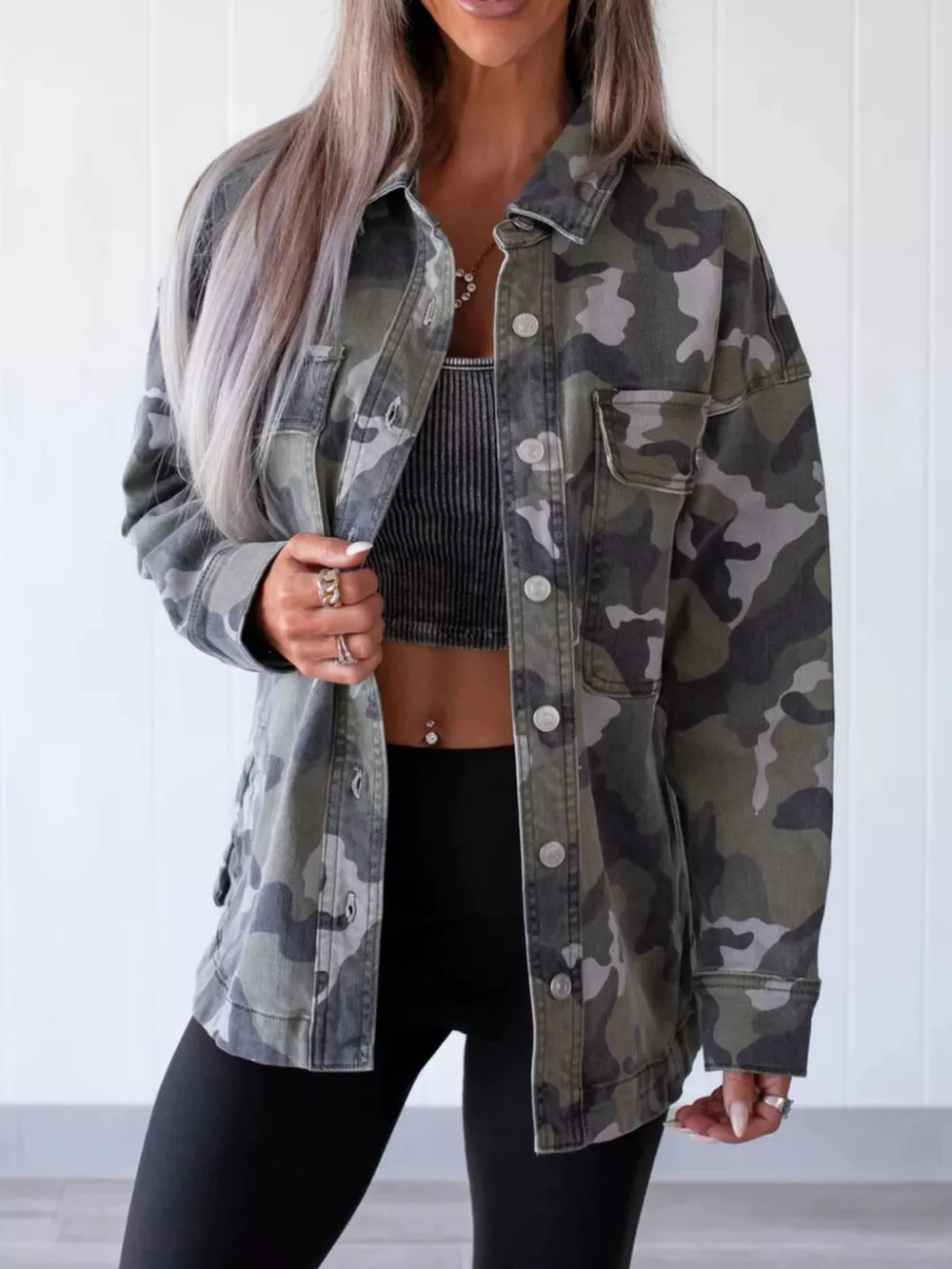 Camouflage Print Button Up Denim Jacket