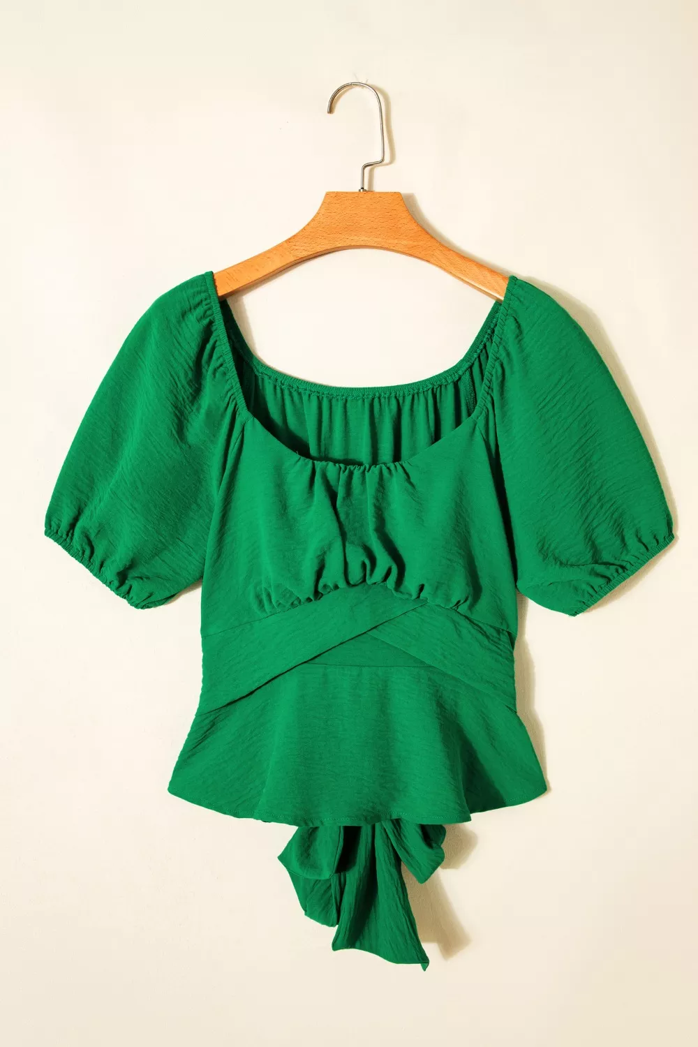 Solid Color Ruched Crossed Waist Tied Back Short Sleeve Peplum Top, image 7