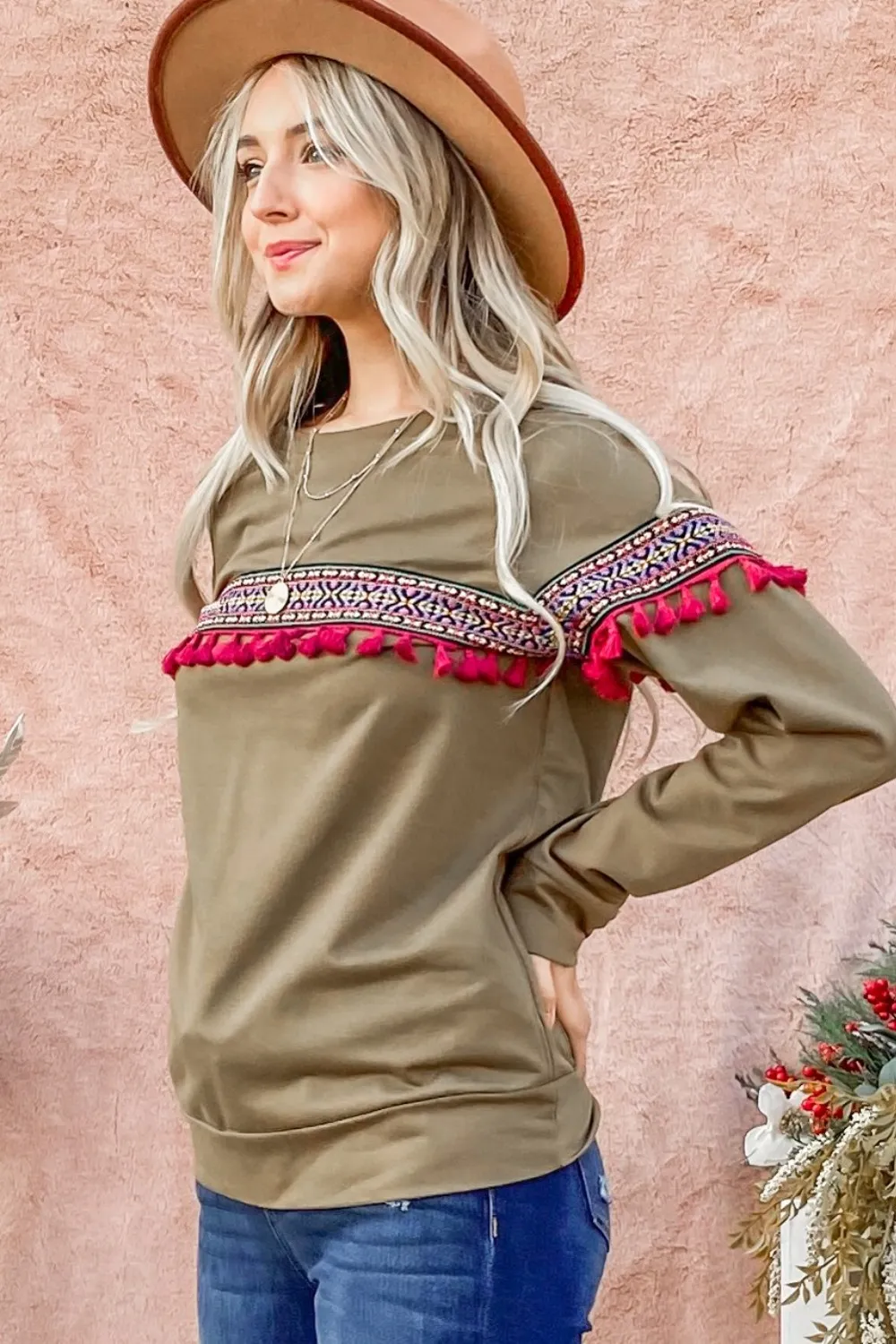 Ethnic Ribbon Tassel Trim Top, image 3