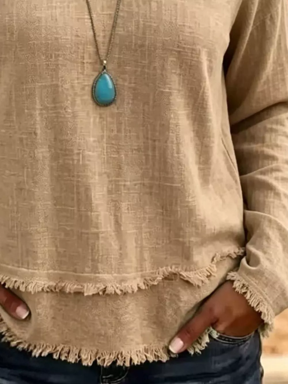 V-Neck Frayed Hem Long Sleeve T-Shirt, image 3