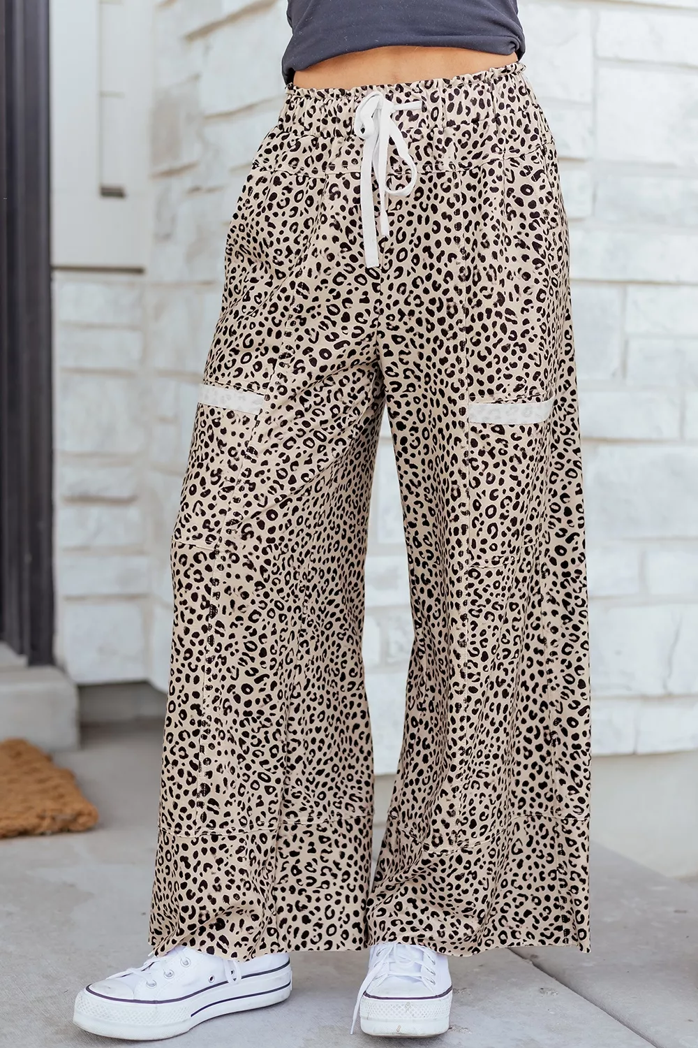 Leopard Print Wide-Leg Pants with Drawstring, image 3
