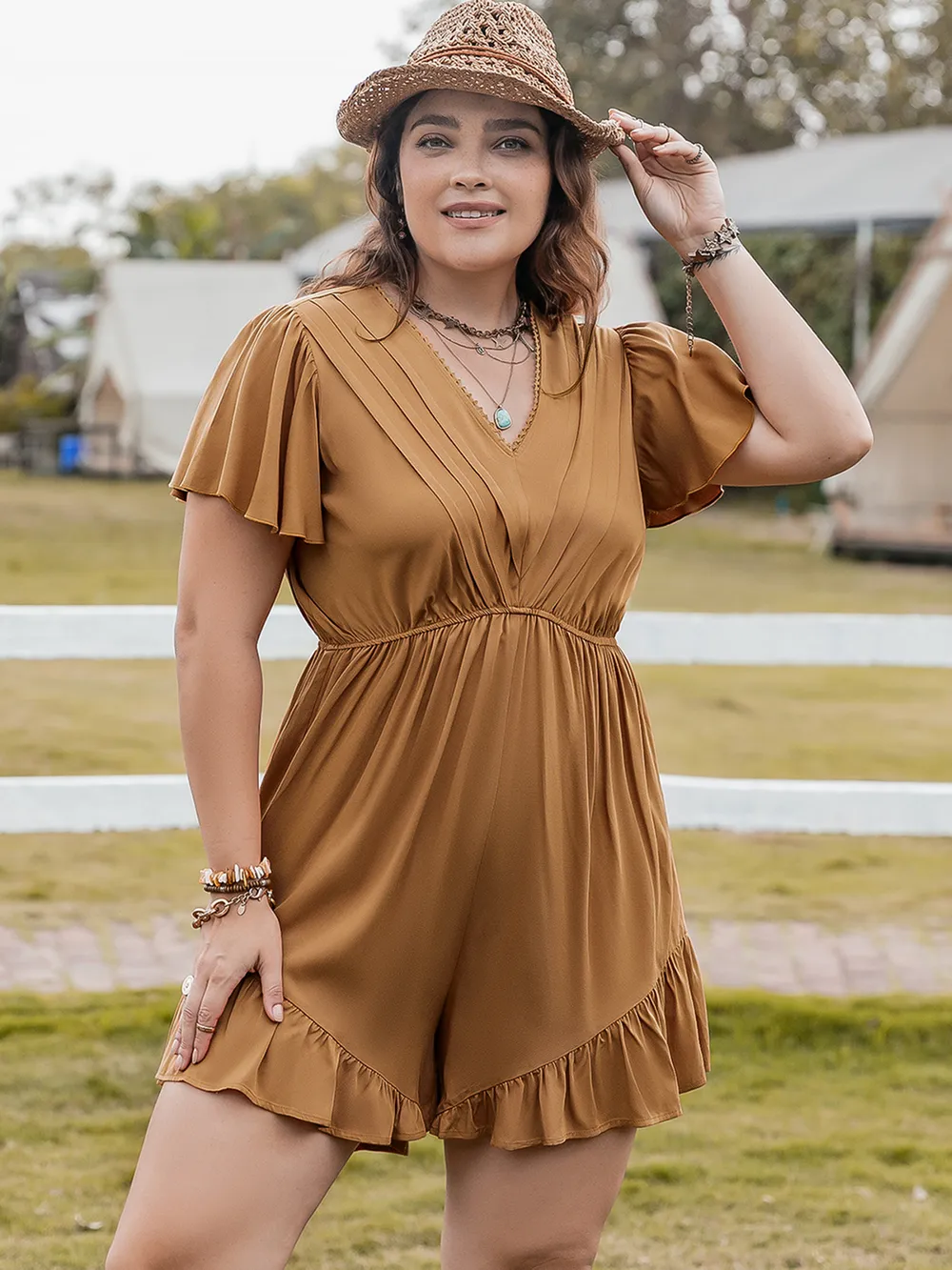Plus Size Ruffled V-Neck Short Sleeve Romper, image 6