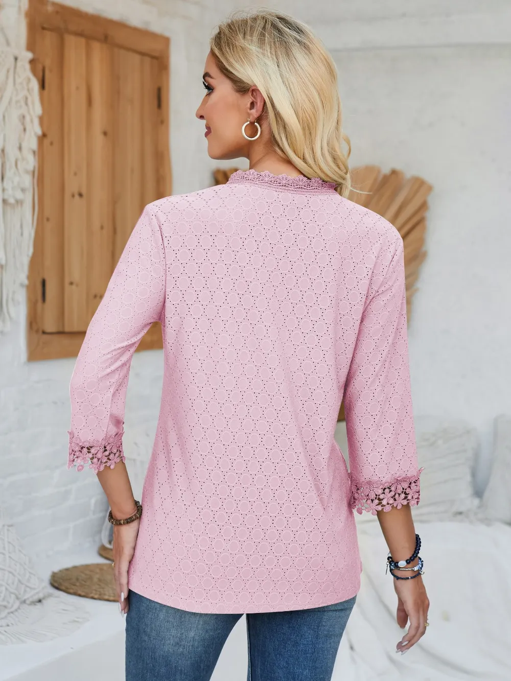 Lace Detail V-Neck Three-Quarter Sleeve Blouse, image 17