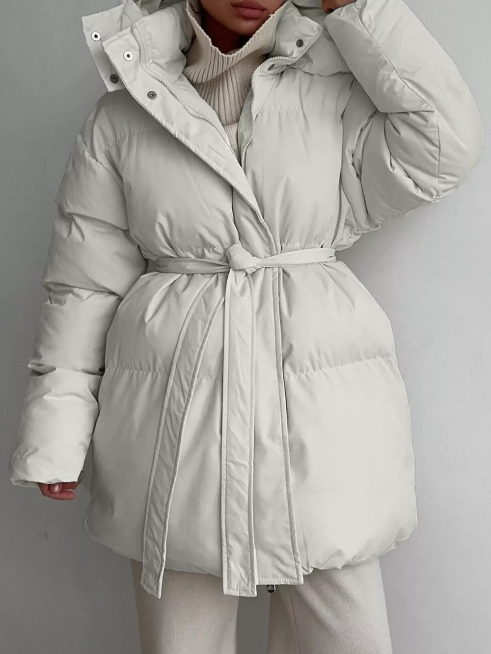 Mid-Length Thickened Hooded Winter Coat with Belted, image 10