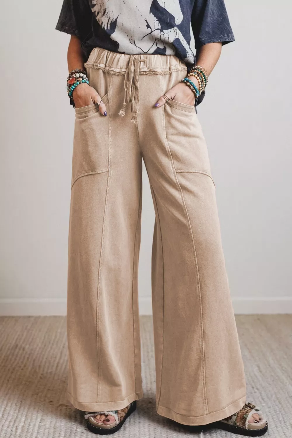 Mineral Wash Drawstring Retro High Waist Wide Leg Western Pants, image 3