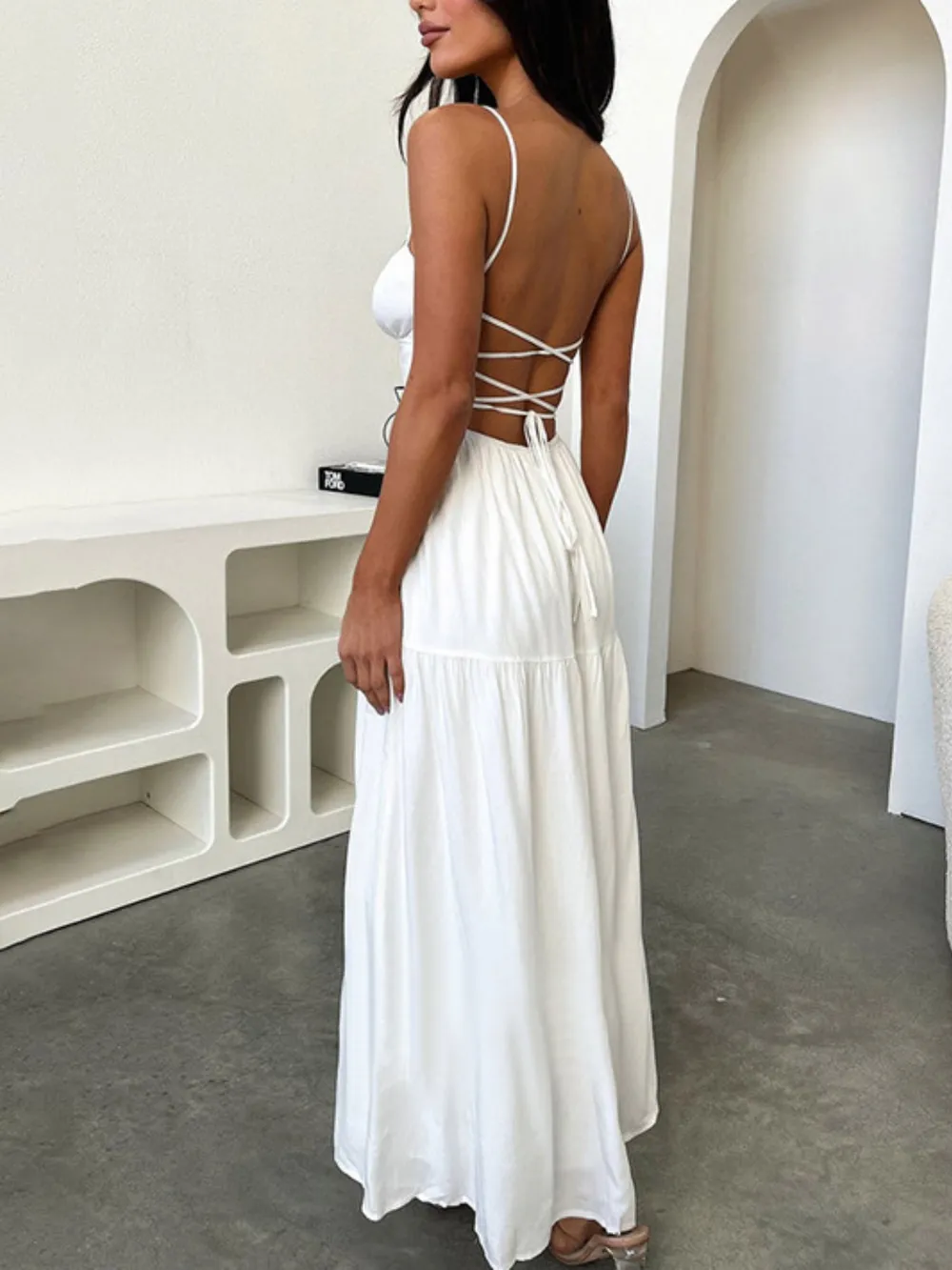 Tiered Lace Up Spaghetti Straps Maxi Dress, image 8