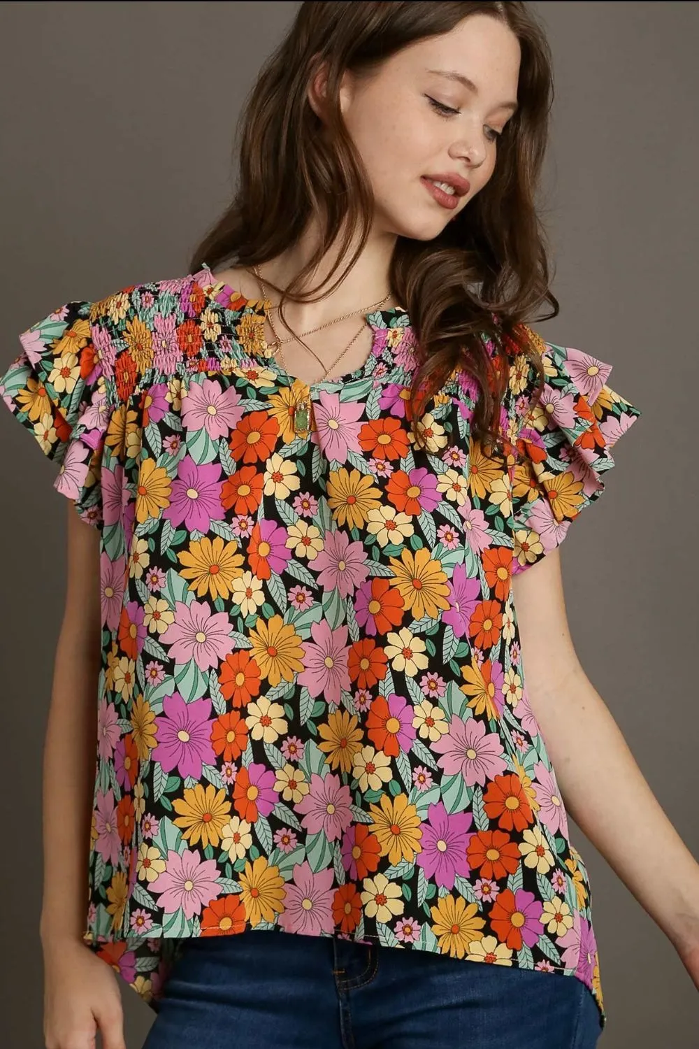 Full Size Floral Printed Smocked Top Plus Size