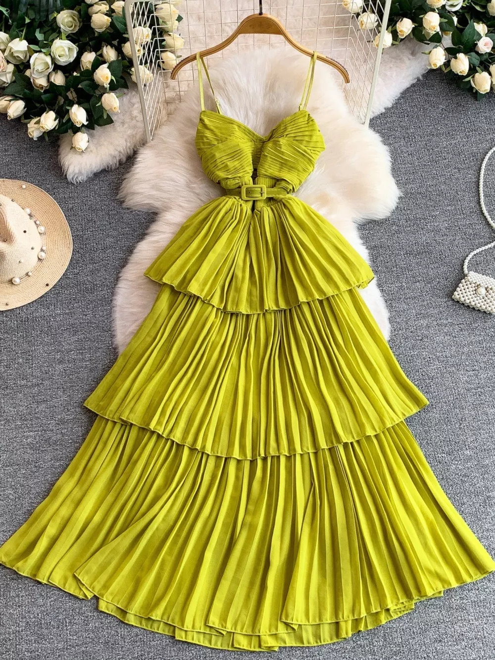 Pleated Layered Spaghetti Strap Midi Dress, image 11