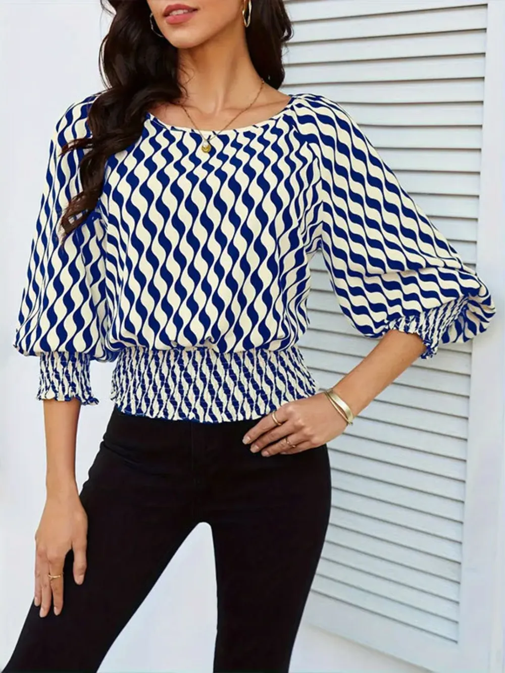 Geometric Print Lantern Sleeve Smocked Waist Blouse, image 8