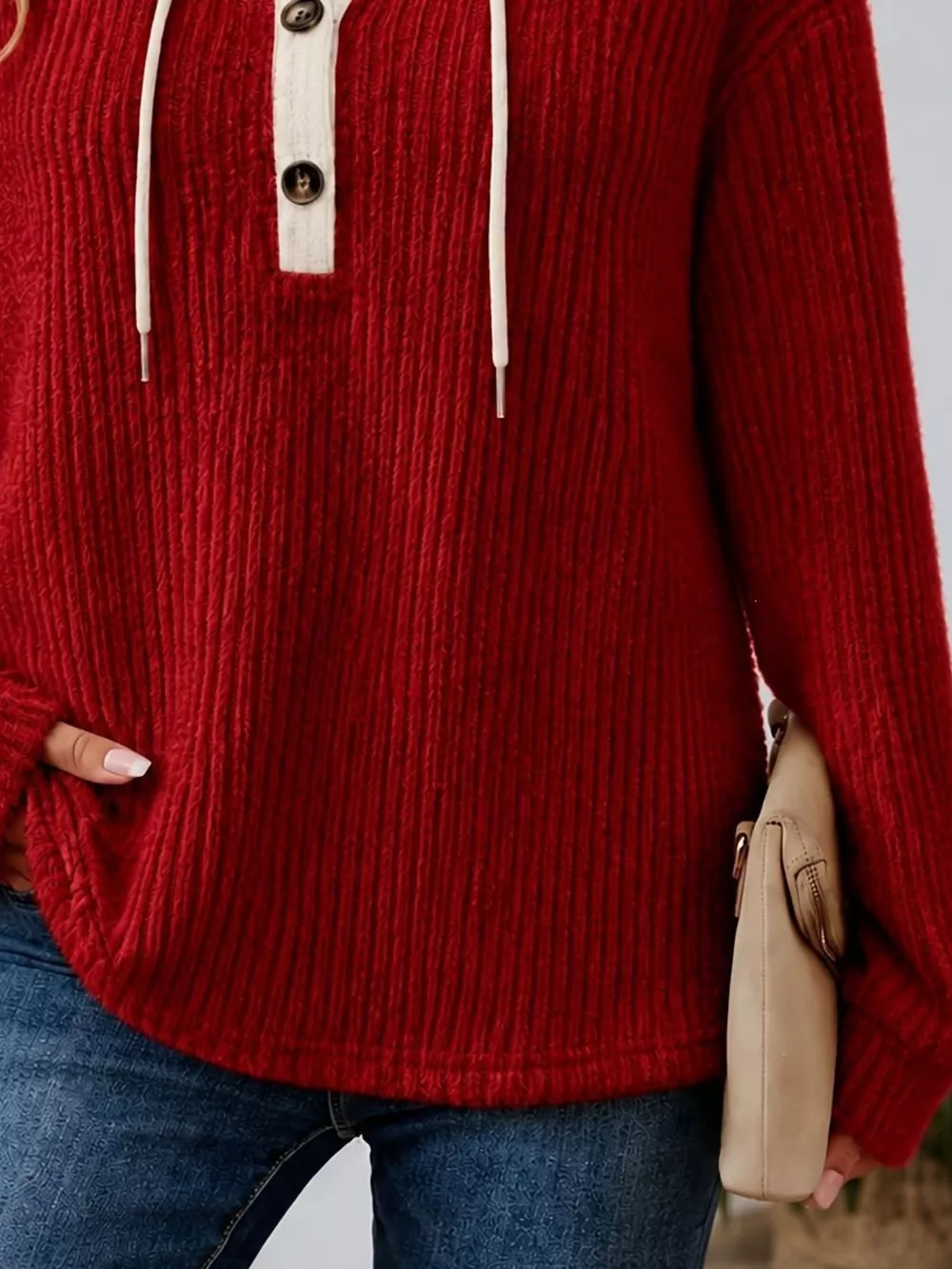 Full Size Drawstring Button Detail Hooded Sweater Plus Size, image 9
