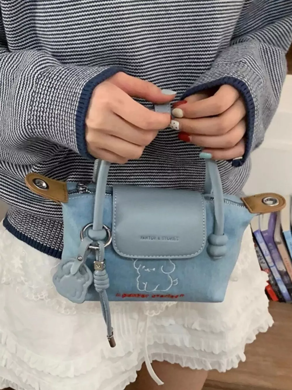 Puppy Embroidered Denim Handbag, image 6