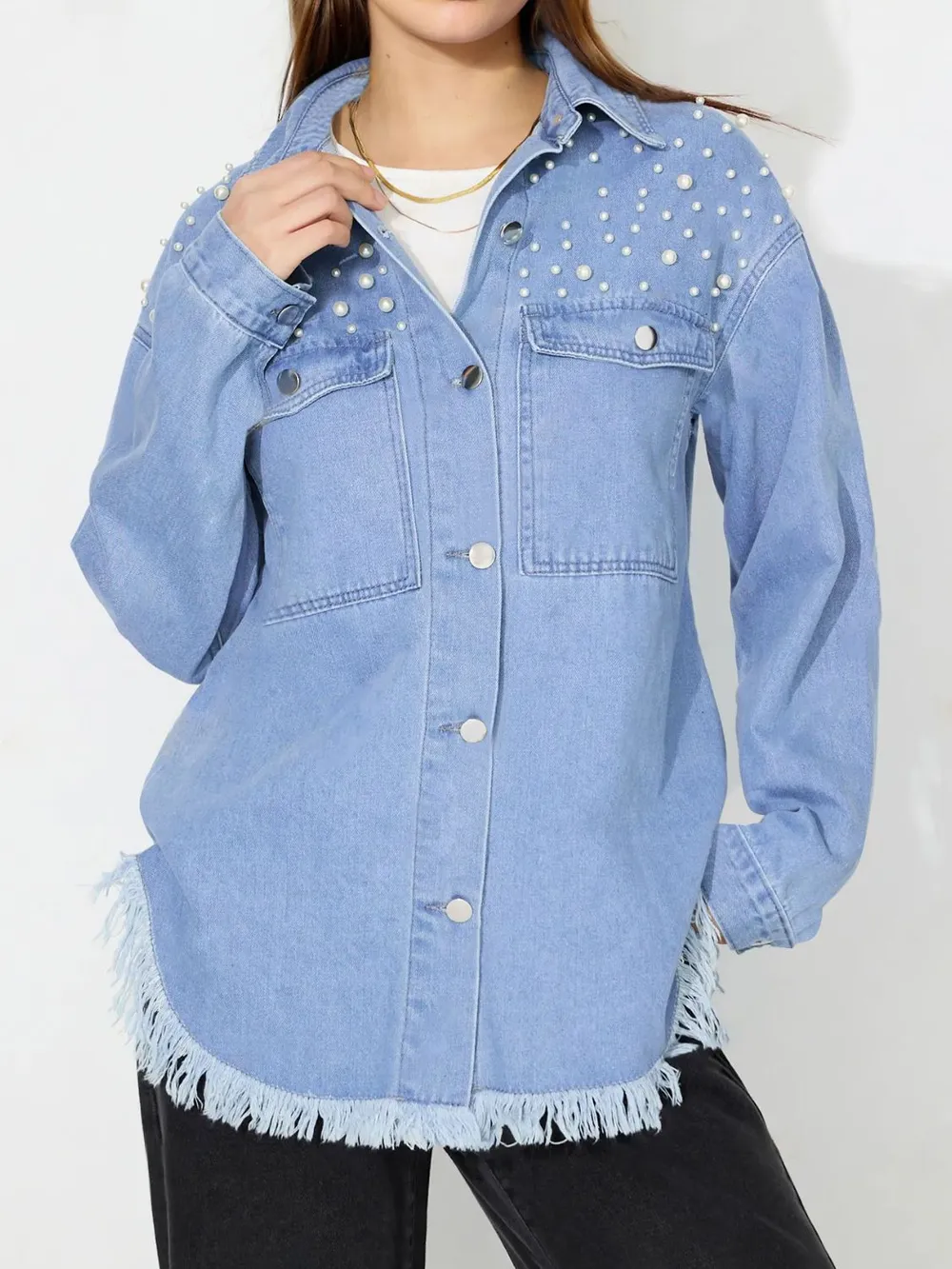 Raw Hem Pearl Trim Collared Neck Denim Top, image 8