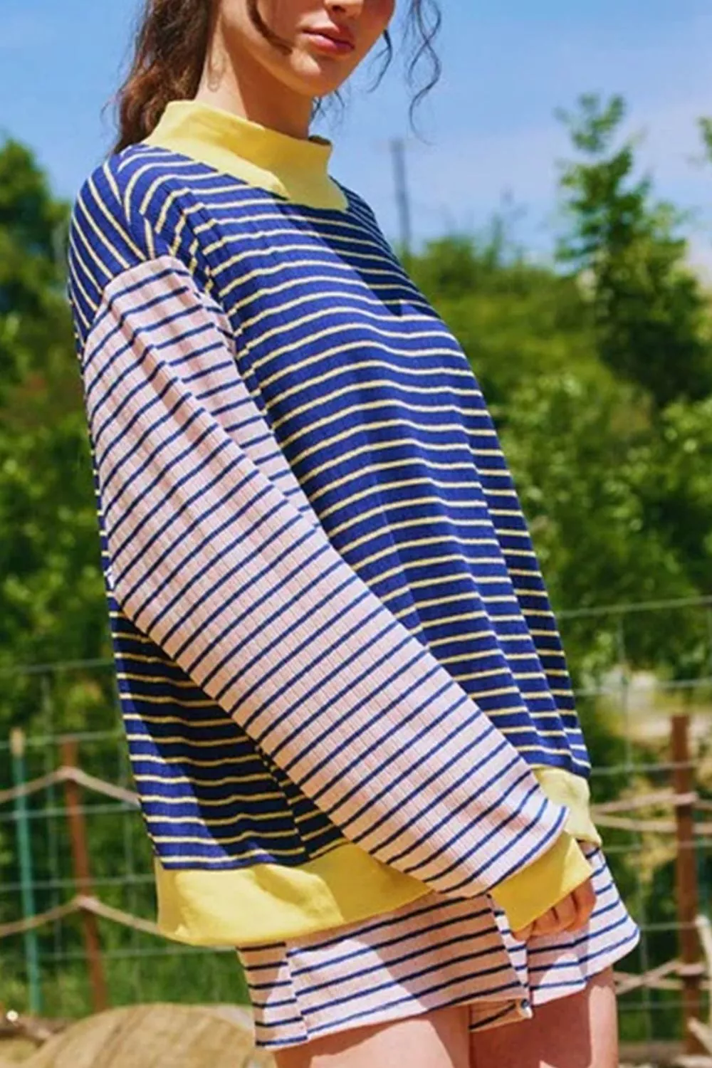 Stripe Color Block Long Sleeve Pullover Ribbed Knit Casual Shorts Set, image 4