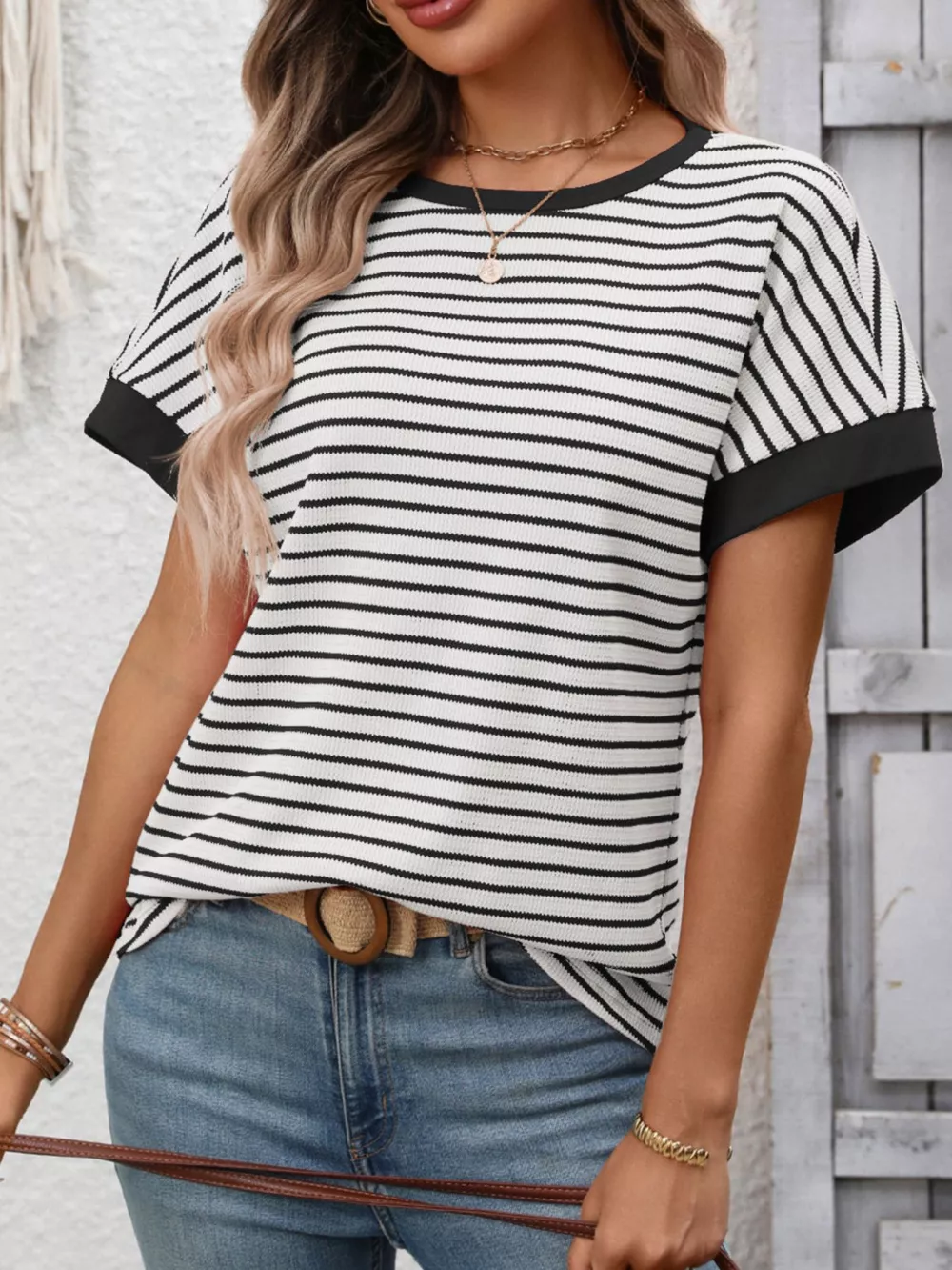 Striped Ribbed Knit Short Sleeve T-Shirt, image 8