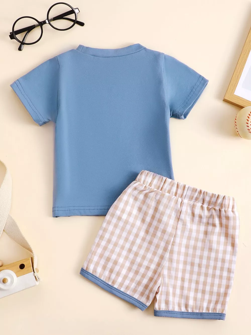 Children's Baseball Round Neck Top and Plaid Shorts Set, image 2