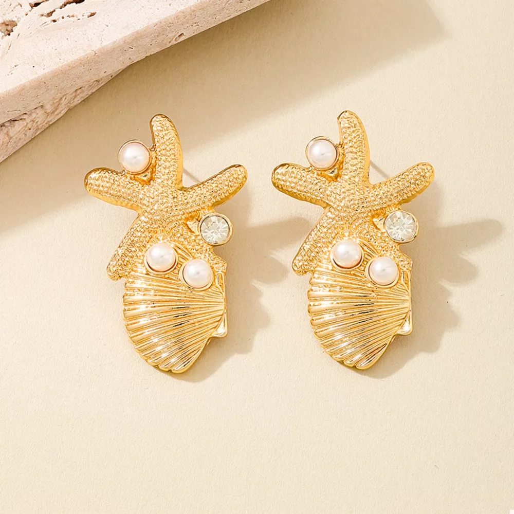 Ocean Starfish Shell Synthetic Pearl Drop Earrings, image 4