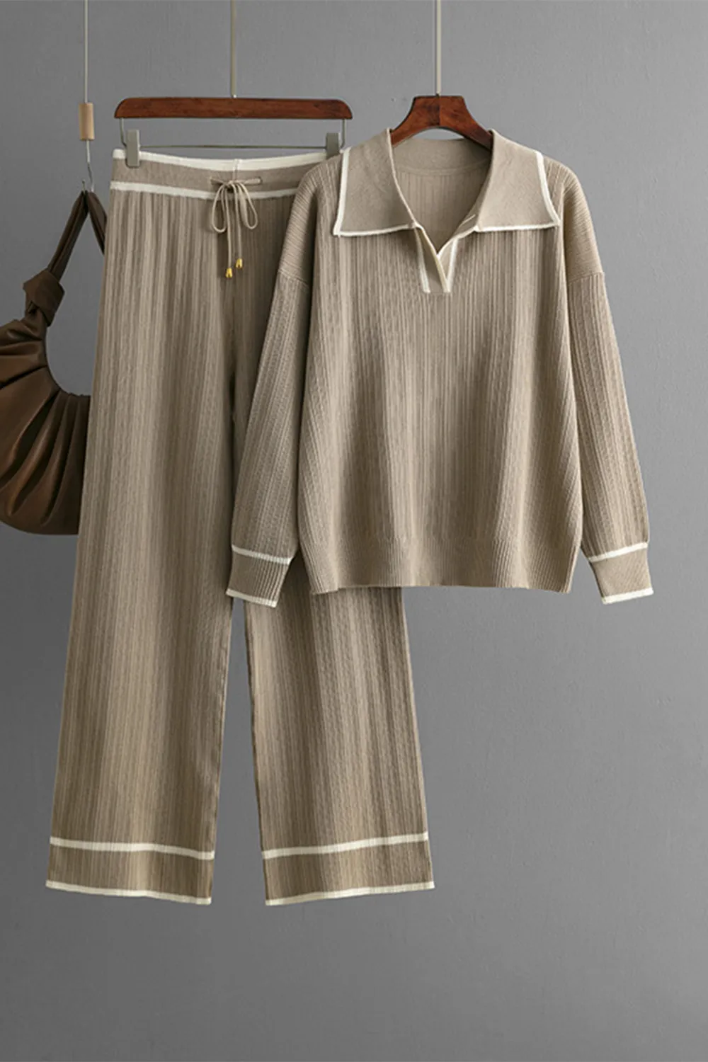 Contrast Trim Johnny Collar Top and Drawstring Pants Sweater Set, image 12