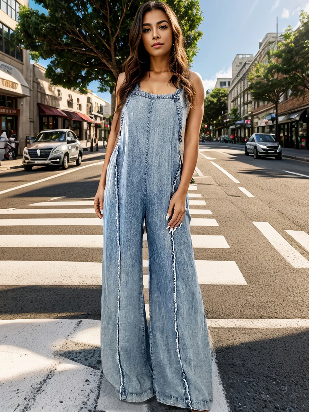 Adjustable Strap Wide Leg Denim Overalls, image 3