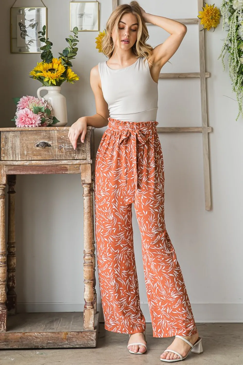 Full Size Printed Tied Straight Casual Pants, image 6