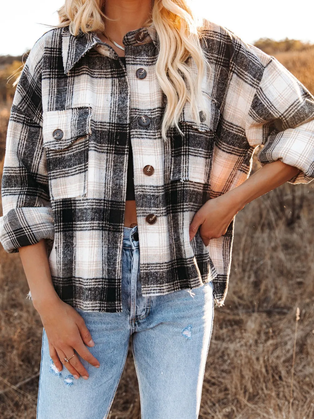 Pocketed Plaid Button Down Long Sleeve Shacket, image 2