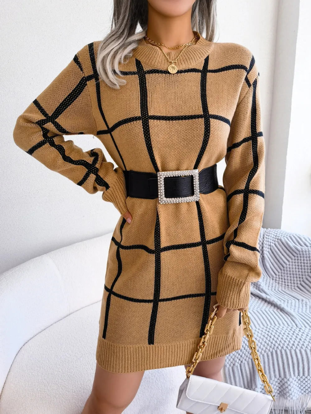Plaid Round Neck Dropped Shoulder Sweater Dress, image 9