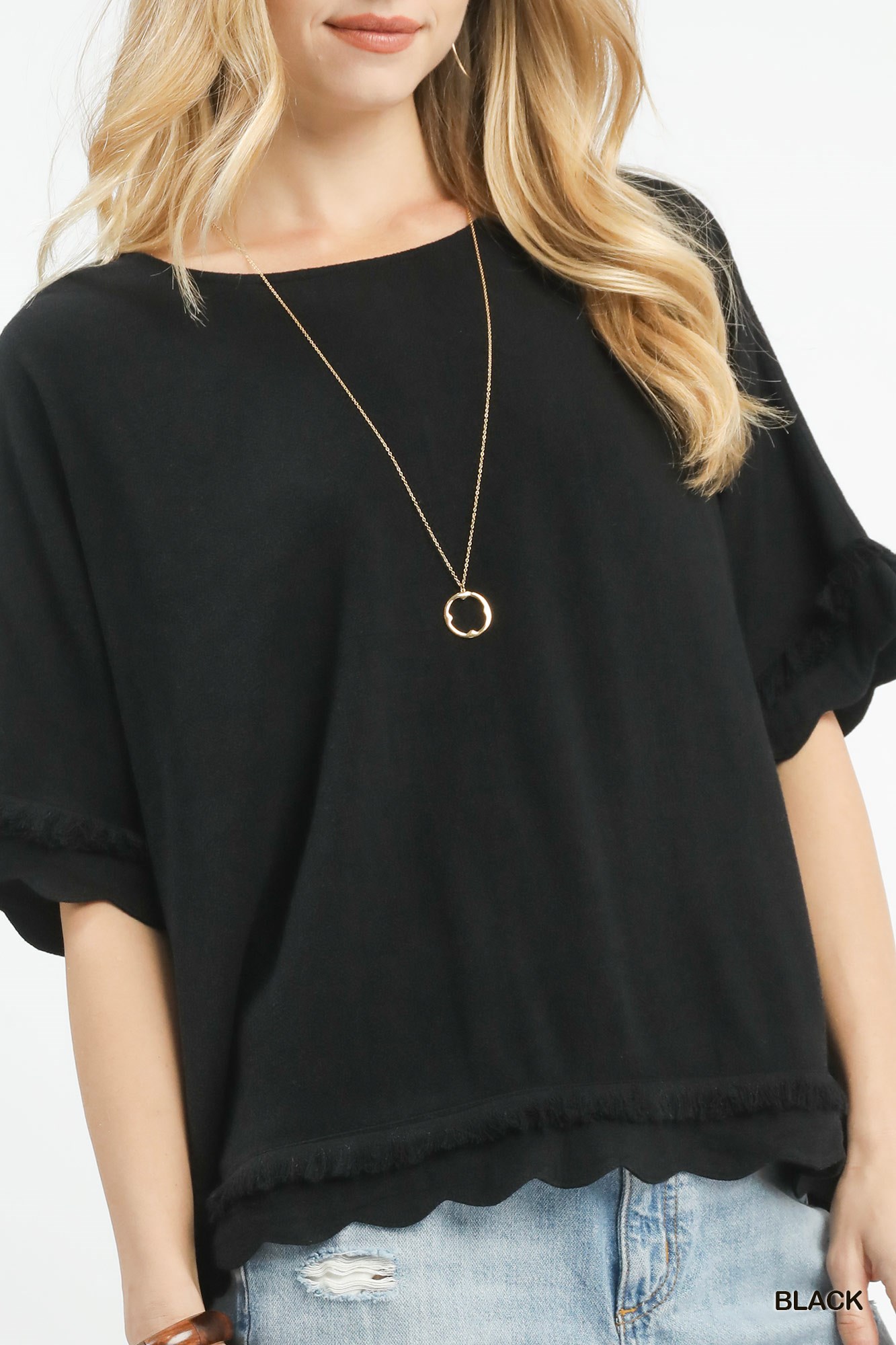Linen Frayed Hem Scallop Edge Top, image 5