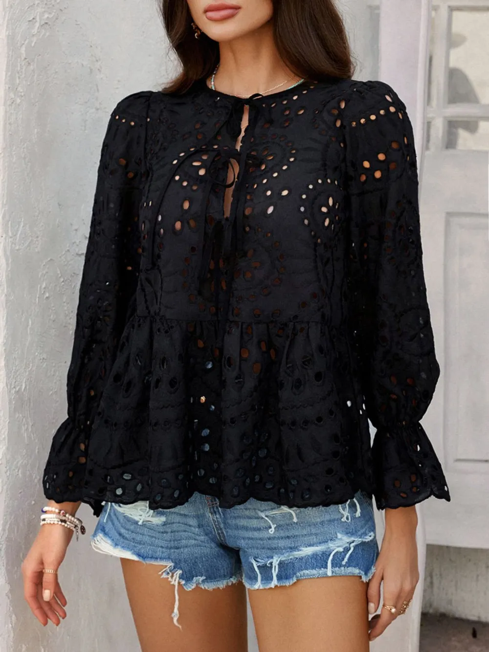 Tie Front Flounce Sleeve Peplum Blouse, image 7