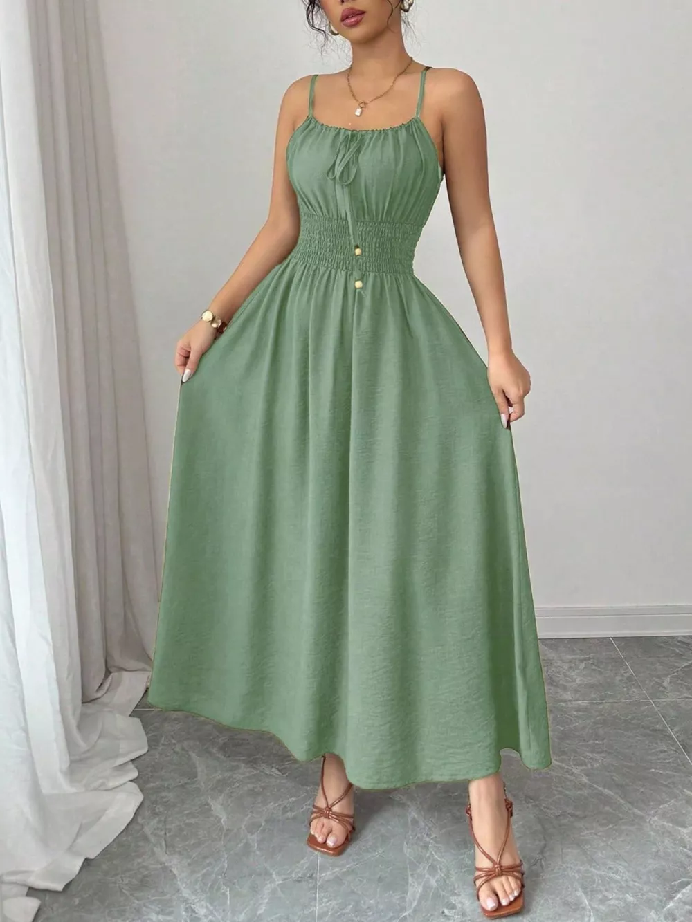 Smocked Spaghetti Strap Midi Dress, image 2