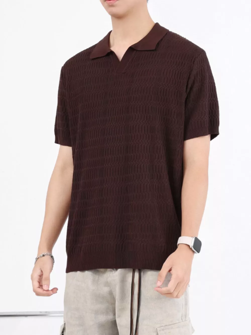Men's Plus Size Textured Knit Short Sleeve Polo, image 3